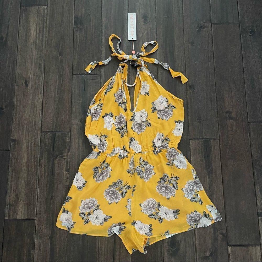 MINKPINK Yellow Floral Sleeveless Tie Romper M NWT